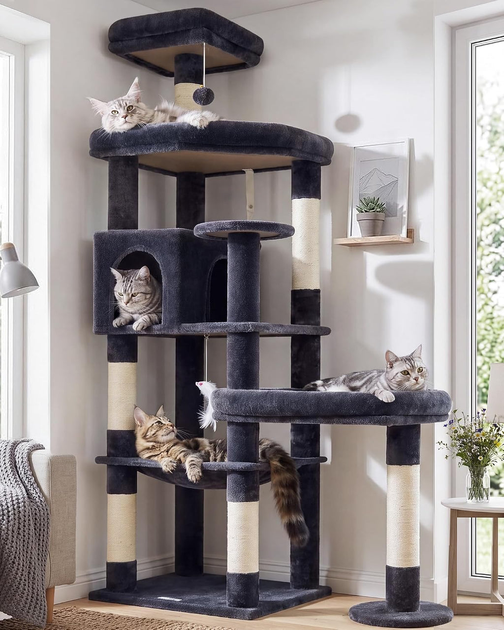 Globlazer 65in Sturdy Cat Tree Tower for Indoor Large Cats, S65, Dark Grey