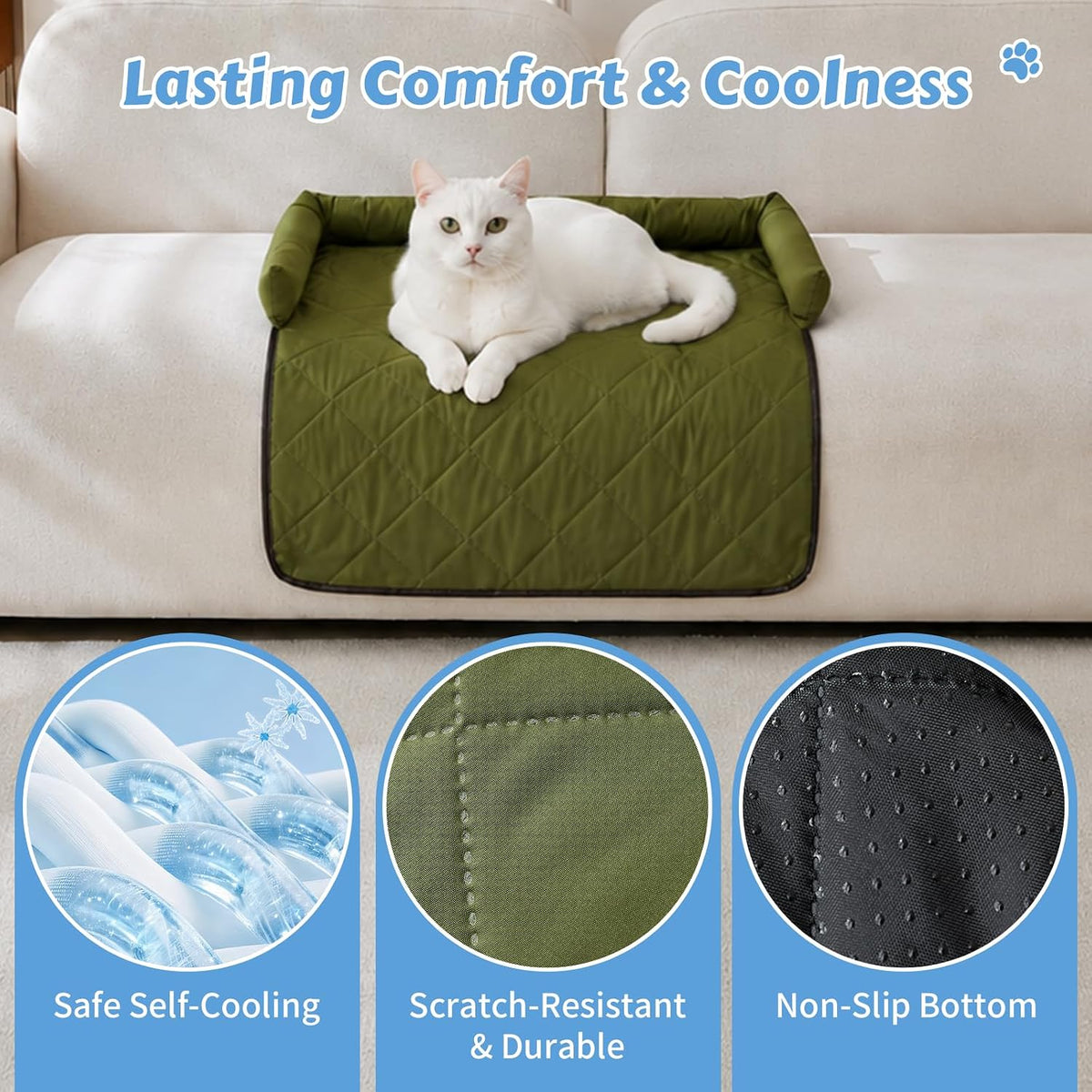 Cooling Dog Bed Mats with Neck & Head Support, 31.5 x 23.62 inch Army Green