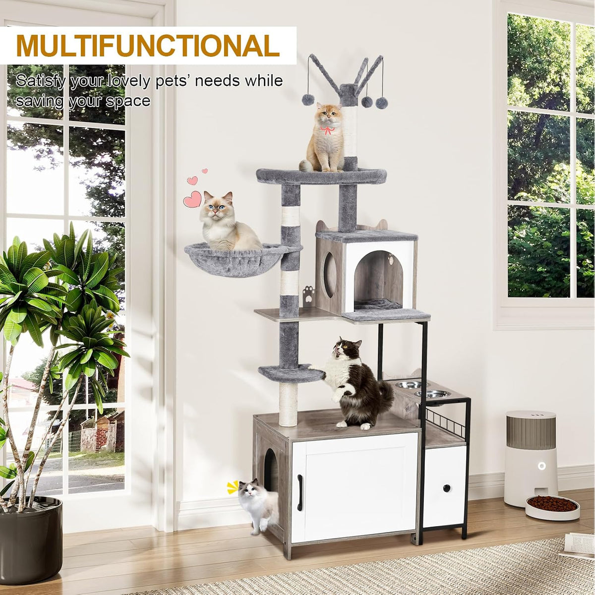 Snughome Cat Tree with Litter Box Enclosure, 3-in-1 Modern Cat Tower for Indoor Cats, 67.32’’ Hidden Cat Litter Box Furniture with Cat Condo, Food Station and Hammocks, All-in-one Cat Furniture
