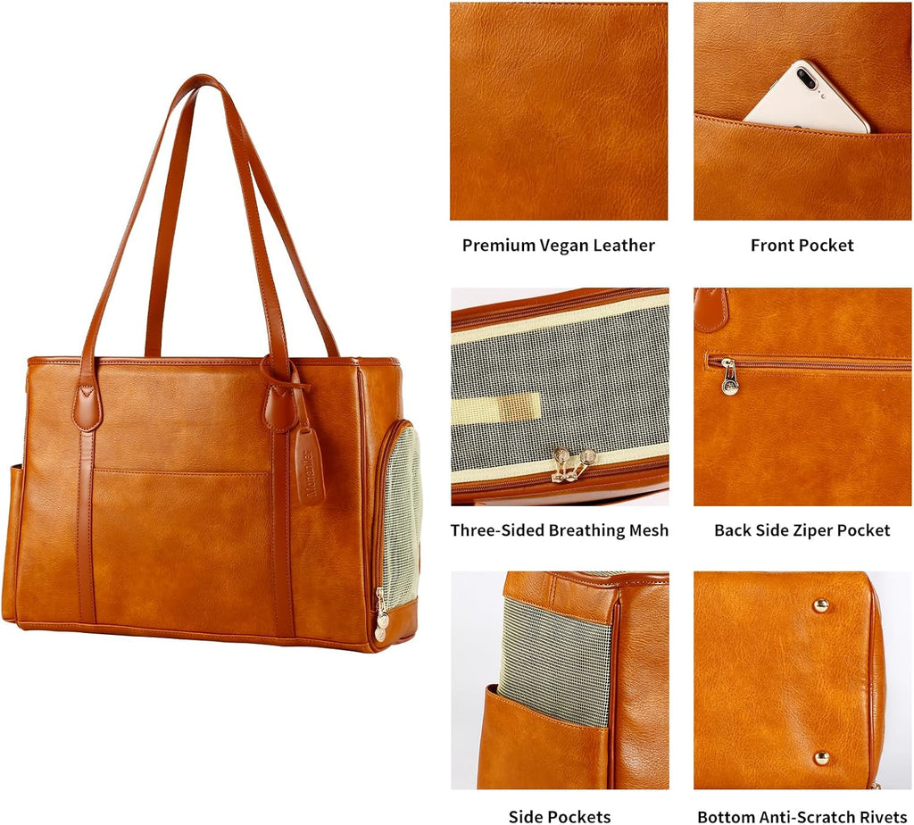 Stylish Dog Purse Carrier, Leather Pet Carrier Bag for Small Dogs Cats Puppy, Airline Approved Soft-Sided Carrier Brown