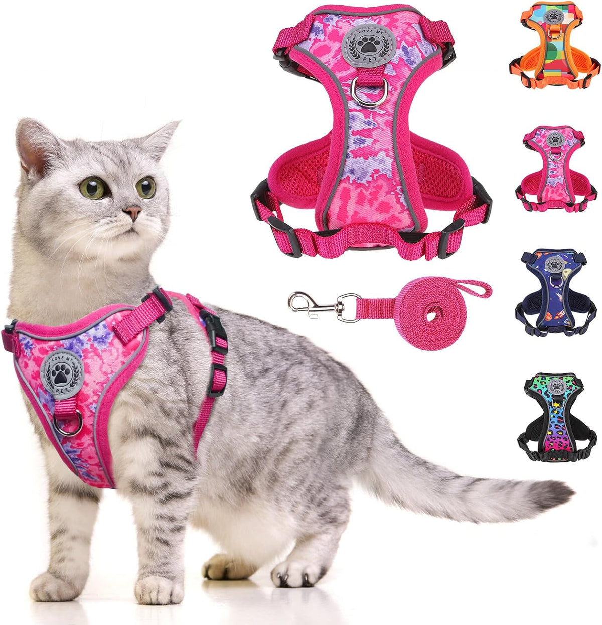 BEAUTYZOO Cat Harness and Leash,Escape Proof Easy-On Vest w/Neck Buckle, M