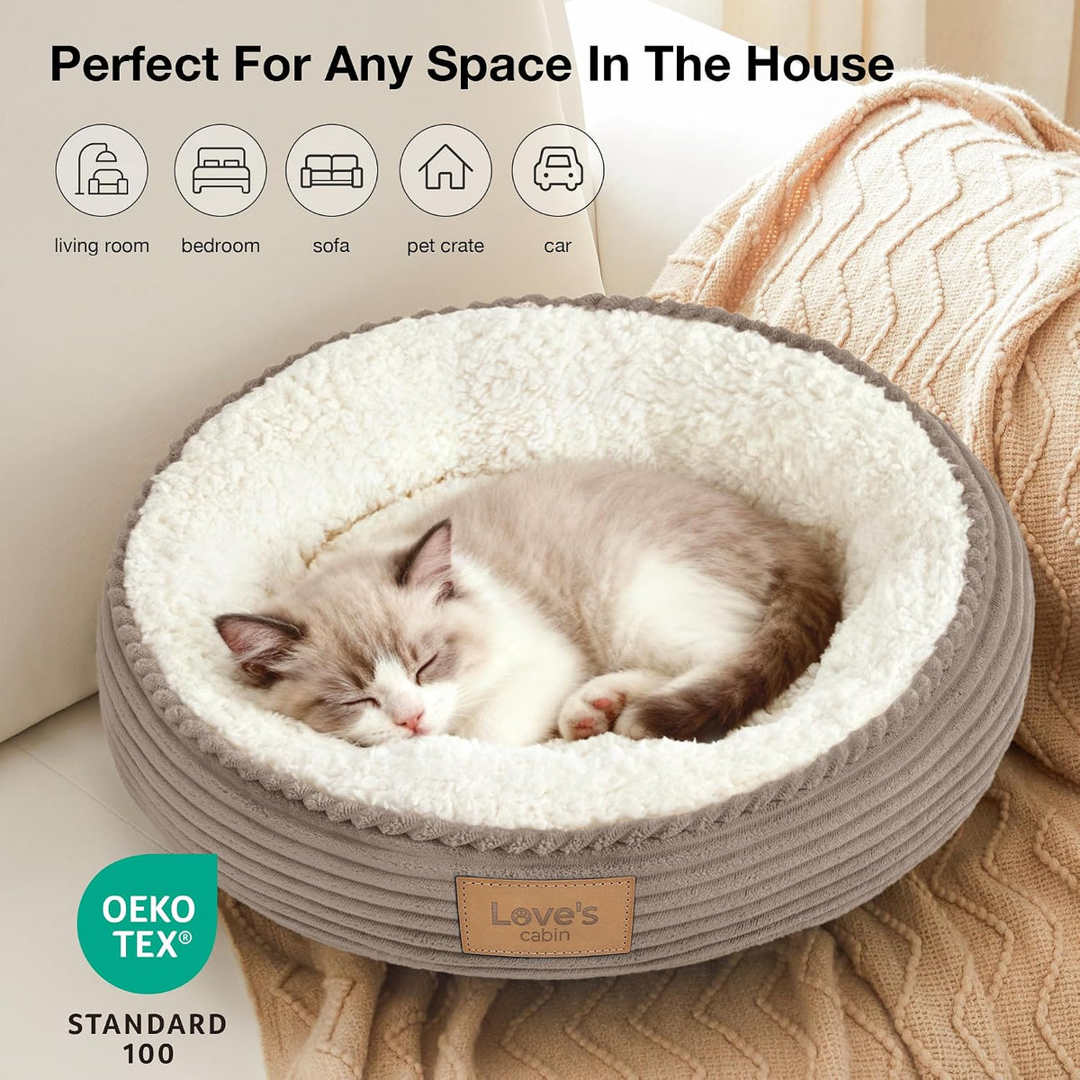 Love's cabin Round Donut Cat and Dog Cushion Bed, 20in Pet Bed for Cats or Small Dogs, Anti-Slip & Water-Resistant Bottom, Super Soft Durable Fabric Pet beds, Washable Luxury Bed Khaki