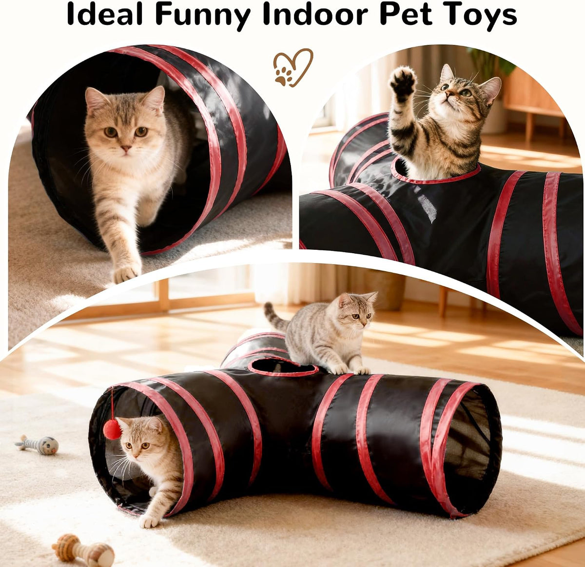 Tempcore Cat Tunnel, 3-Way Collapsible Toy for Indoor Cats, Black & Red | 3-Way Cat Tunnel with Peek Holes, Hanging Ball and Teaser Wand, Collapsible Design for Play, Hiding, Chasing and Exercise