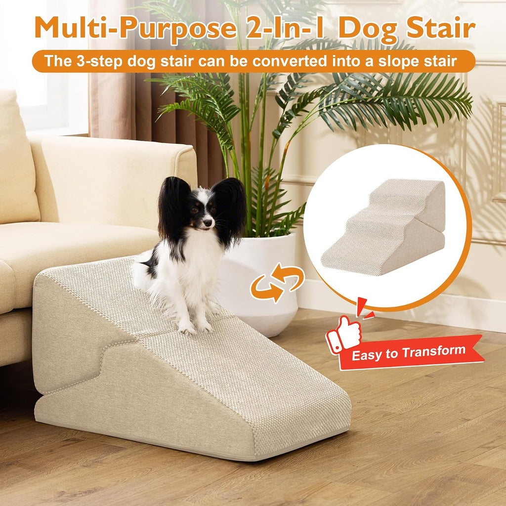 Ahpmeoa Dog Stairs for Small Dogs 16’’ H, 3-Step Dog Steps for Bed, Beige