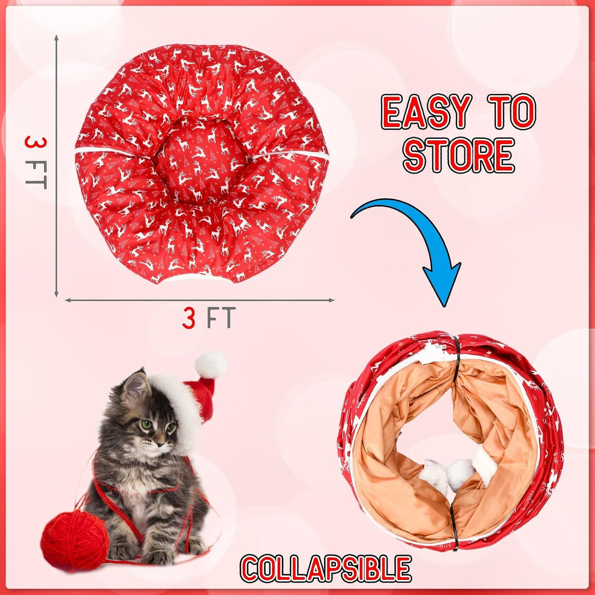 Cat Tunnel Christmas Tree Skirt Cat Bed Indoor 3 ft x 3 ft x 10 Inch Kitten Donut Tunnel with Ball Peekaboo Cave Pet Bed Round Hideaway Holiday Cave Circle Pets Gift(Elk)