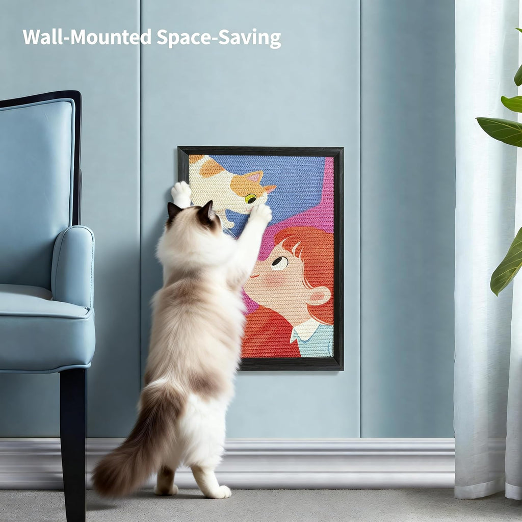 Decorative Wall Art Cat Scratcher for Indoor Cats, Wall Mounted Sisal Cat Scratching Board with Solid Wood Frame, Furniture Protector, Easy No-Drill Install, 17 x 13 in