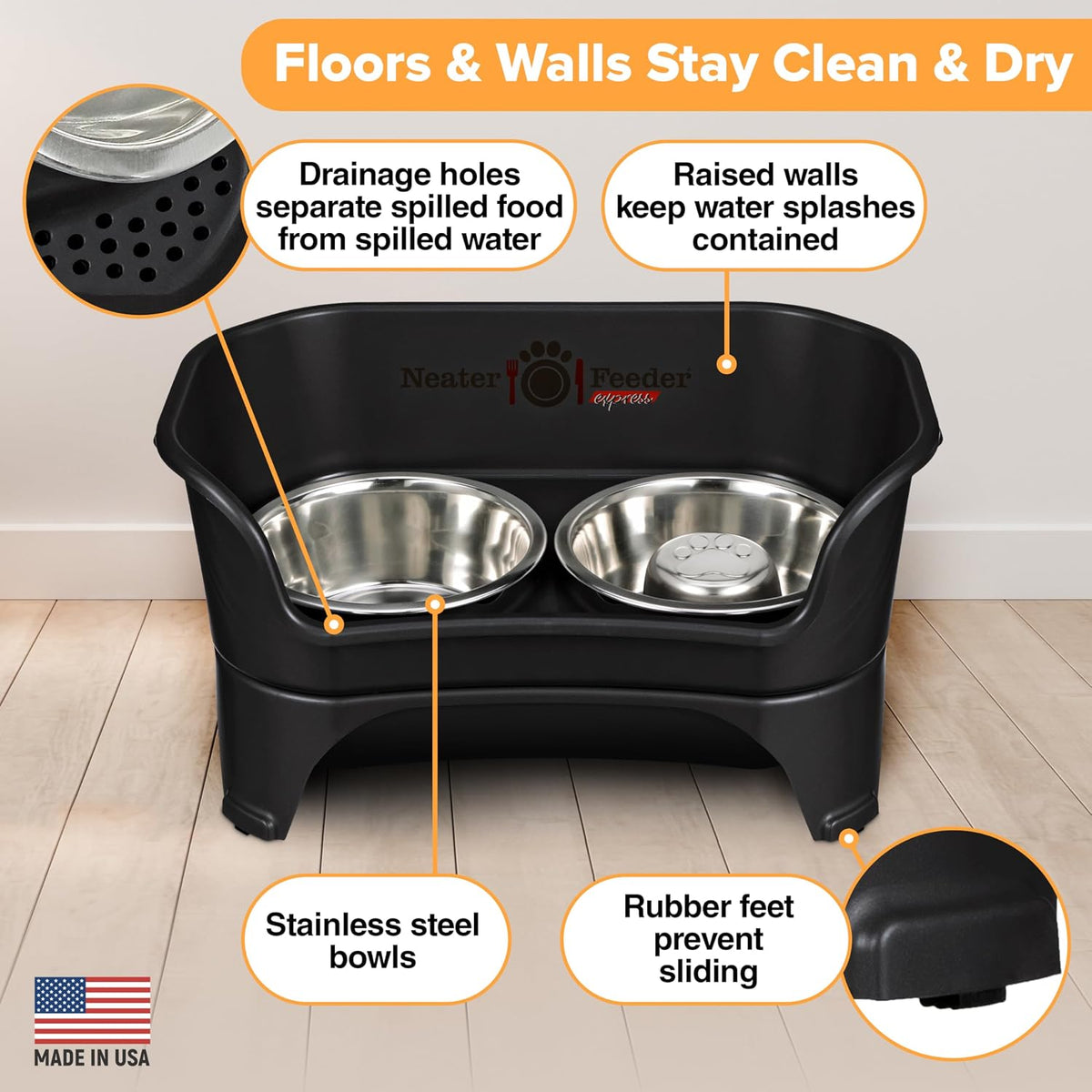 Neater Feeder - Express Model w/ Slow Feed Bowl - Mess-Proof Dog Bowls (M/L, Black) Made in USA – Elevated, No Spill, Non-Tip, Non-Slip, Raised Stainless Steel Food/Water Pet Bowls Aid Digestion 