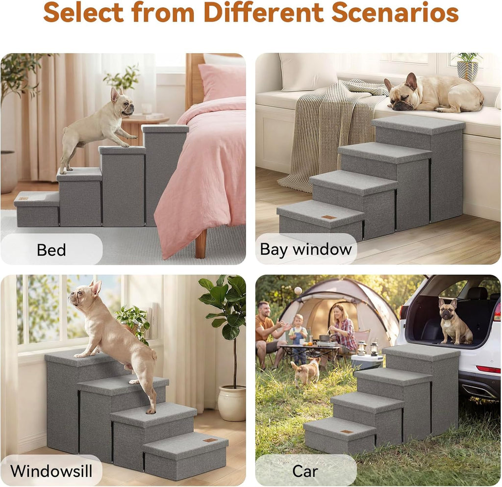 Zerbuger Dog Stairs with Storage, Grey 4 Steps Dog Ramp no Condo for Bed