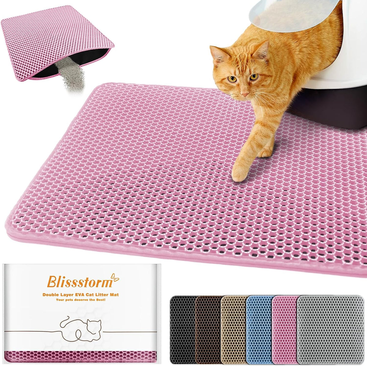 Cat Litter Mat 12"x12",Double Layer EVA litterbox Mat, Pink