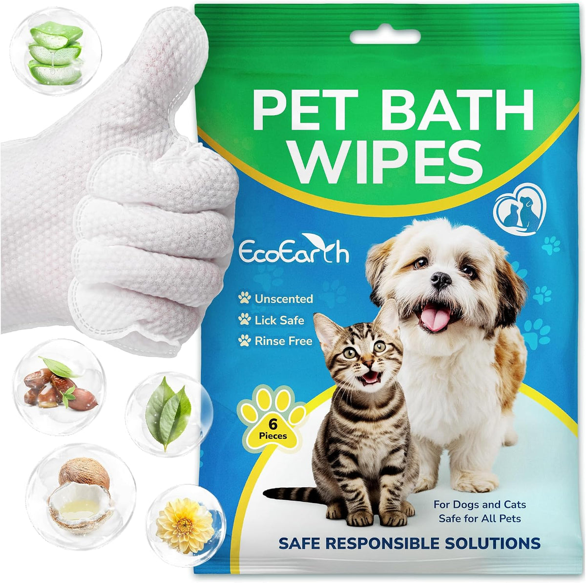 Premium Pet Wipes for Dogs & Cats - 6 Pcs - Disposable Washing Gloves for Bath & Grooming - Clean & Dry Paws, Fur, Face, Ears, Butt & Body - Hypoallergenic, Lick-Safe & Waterless Cleaning Gloves