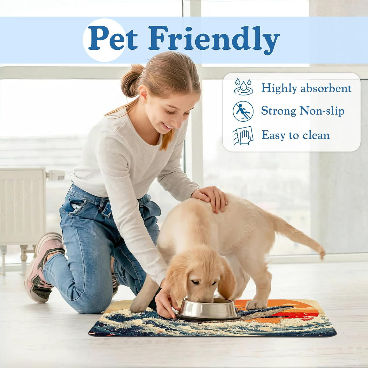 Wave Cat Dog Food Mat,Ukiyo-e Whale Absorbent Quick Dry Feeding Placemat for Food and Water Bowls, Non Slip Rubber Backing, Waterproof Pet Supplies for Mess-Free Eating 12"x20"