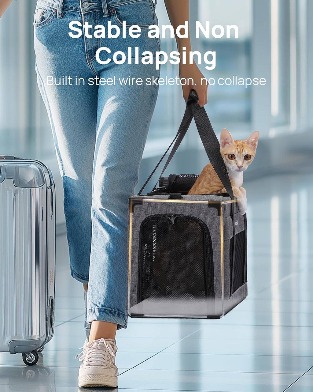 Pecute Airline Approved Cat Carrier, Pet Carrier Soft-Sided, Portable Dog Carrier with Stable Structure, TSA Approved Pet Carrier for Pets Less Than 12lbs, Cat Carrier Bag Suitable for Travel, Gray
