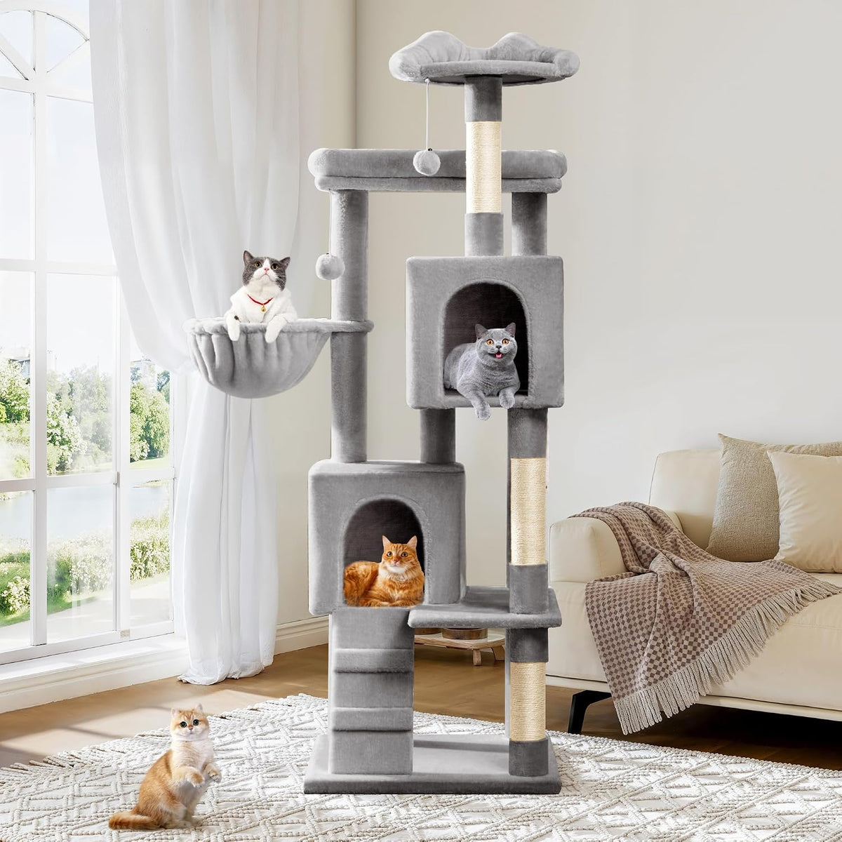 Allewie 64 Inches Multi-Level Cat Tree Tower for Indoor Cats, Grey