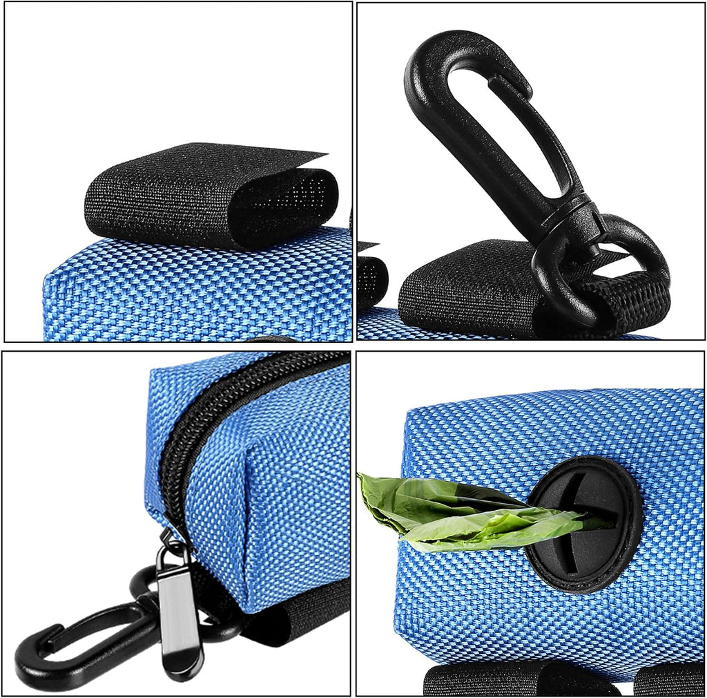 Dog Waste Bag Dispenser Pet Poop Bags Holder for Doggie Waste Bags Dispensers Soft Fabric Zipper Small Doggy Puppy Pouch for Leash Accessory Attachment with Carrier,2PCS Blue&Black
