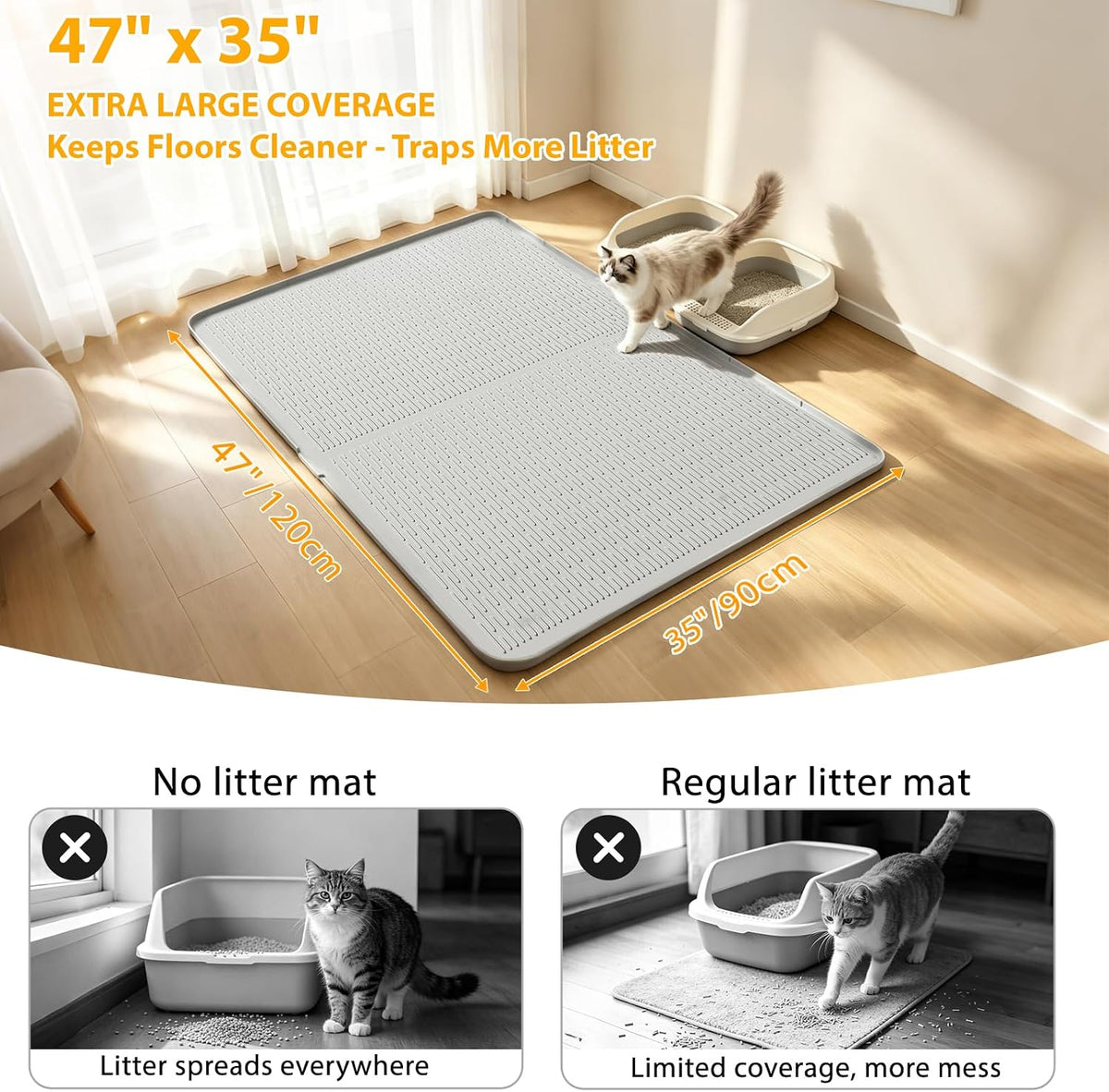Cat Litter Box Mat, 47" x 35" Extra Large Silicone Cat Litter Mat | Waterproof & Washable Kitty Litter Catcher Matt, Soft on Paws Non-Slip Easy to Clean Reduces Litter Tracking for Indoor Cats