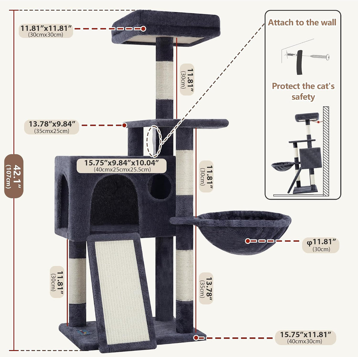 Gitelsnour Cat Tree Tower 42'' with Condo, Indoor Scratching Post GCT005SG