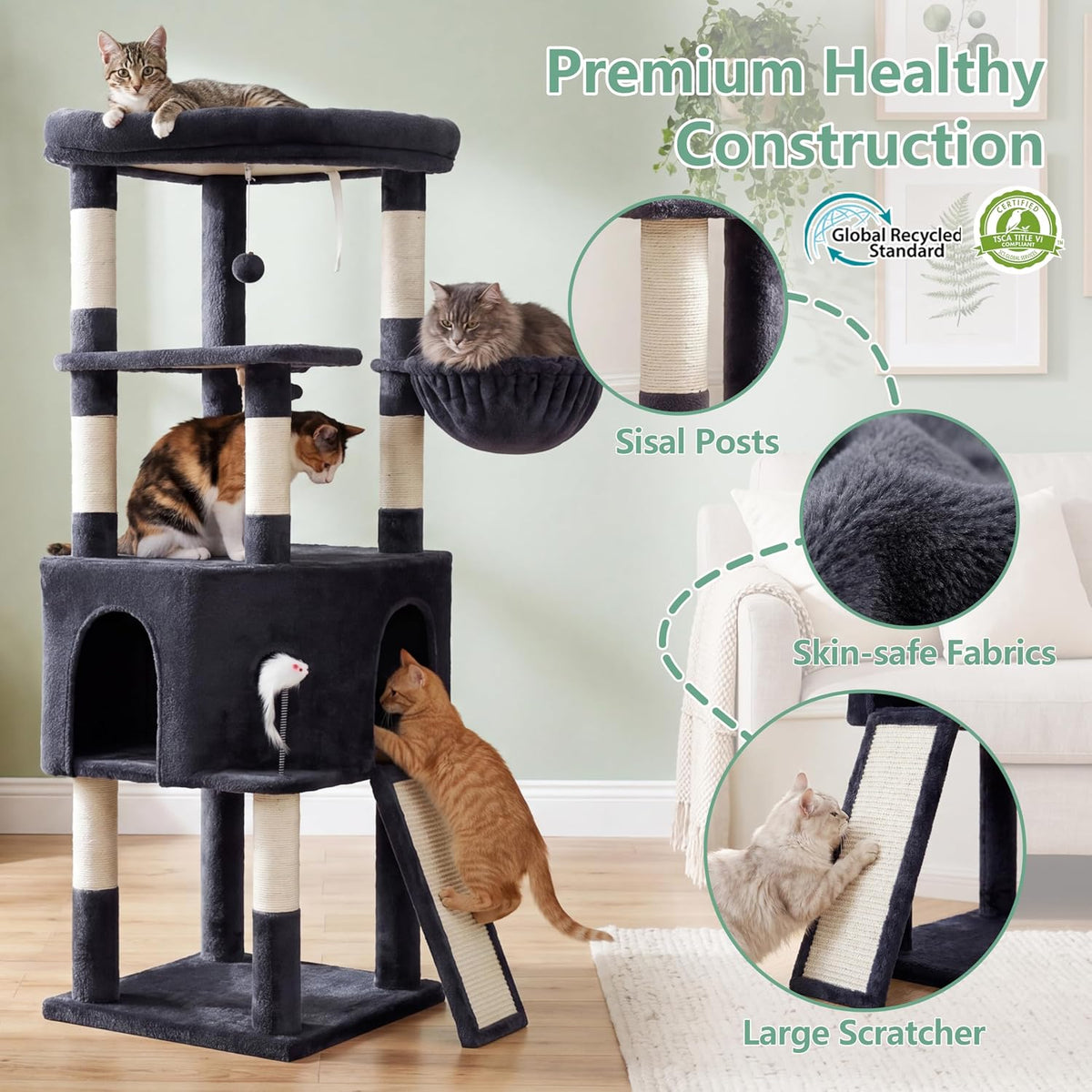 Cat Tree, 61 Inch Tall Cat Tower, Diamond-Shaped Cat Cave VCT001G