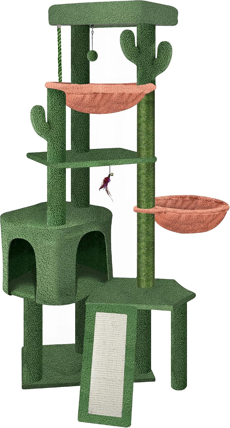 Wang Xin Four Layer Big Cat Tree with Huge Cat Condo and Two Hammocks Scratch Pad,Green