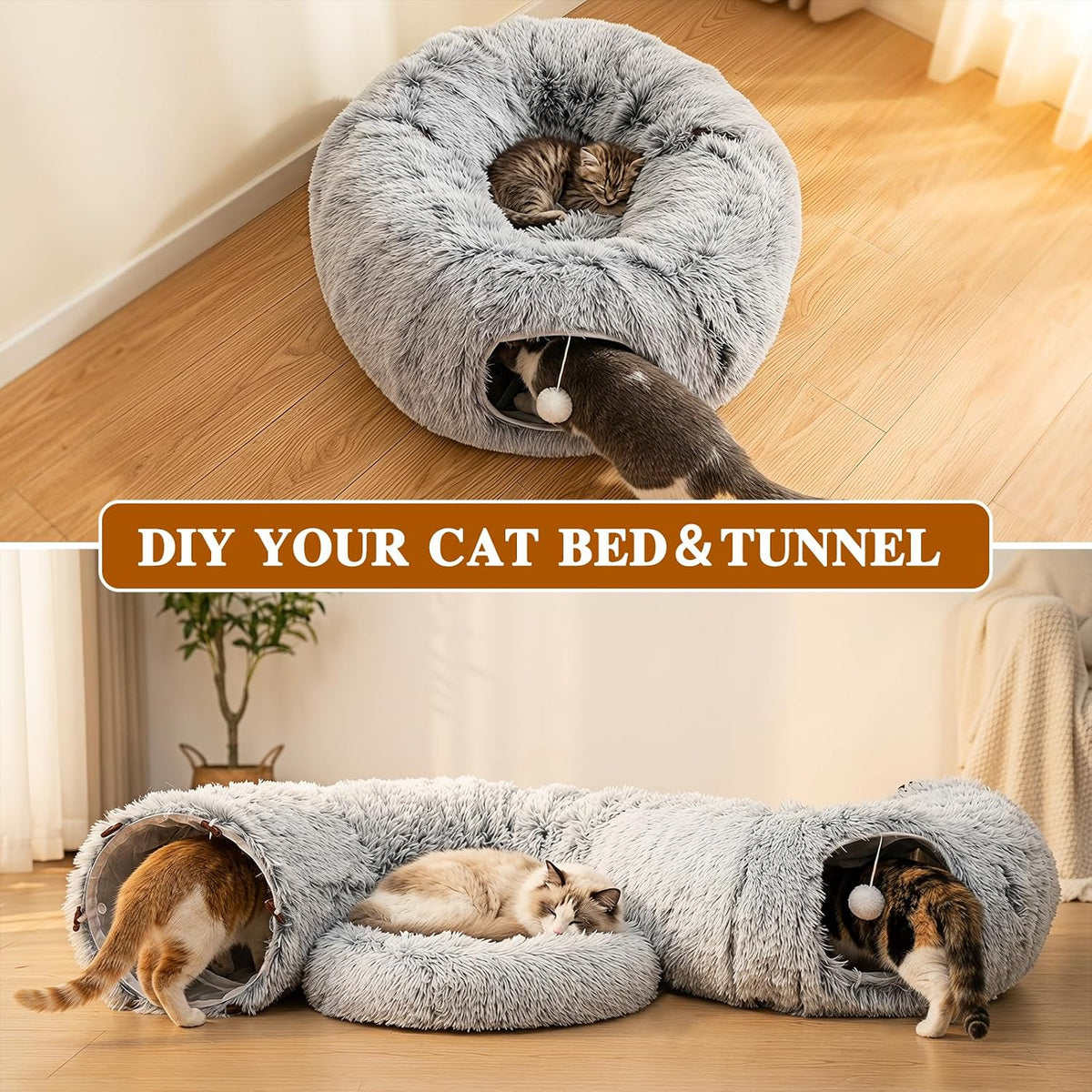 Cat Tunnel Bed for Indoor Cats, Plush Hideaway with Reinforced Frame