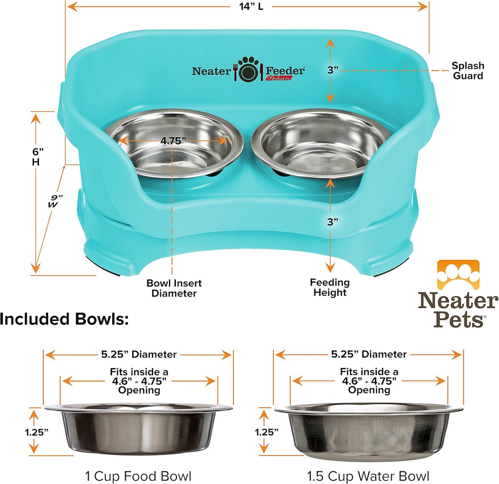 Neater Pet Brands Neater Feeder Deluxe Mess Proof Cat Bowls Elevated, Made in USA, No Spill Raised Bowls for Indoor Cats, Stainless Steel Food and Water Bowl Set, Pet Dish Feeding Station, Aquamarine 