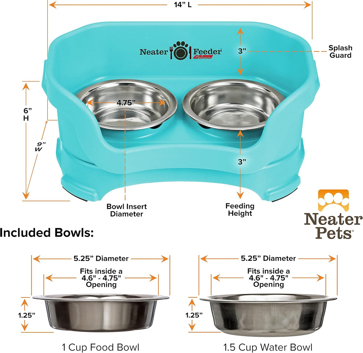 Neater Pet Brands Neater Feeder Deluxe Mess Proof Cat Bowls Elevated, Made in USA, No Spill Raised Bowls for Indoor Cats, Stainless Steel Food and Water Bowl Set, Pet Dish Feeding Station, Aquamarine 