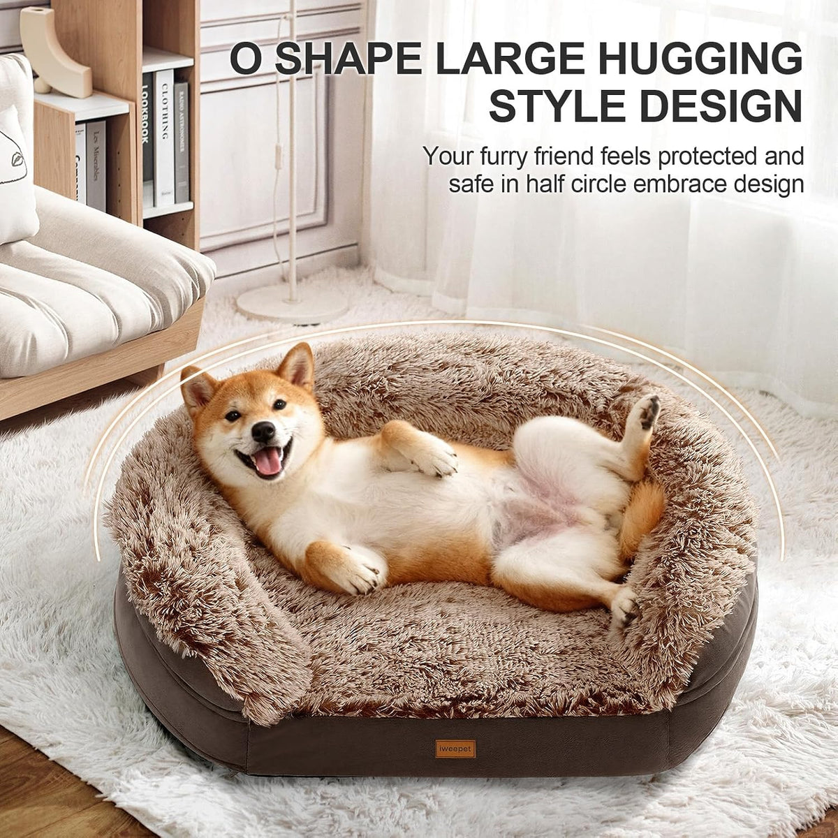 iweepet Fluffy Orthopedic Dog Beds for Large & Extra Large Dogs, 44" Dog Sofa Bed with Supportive 28D Egg-Crate Foam, Removable Washable Cover, Waterproof Lining, for Puppy,Senior,Sick,Brown