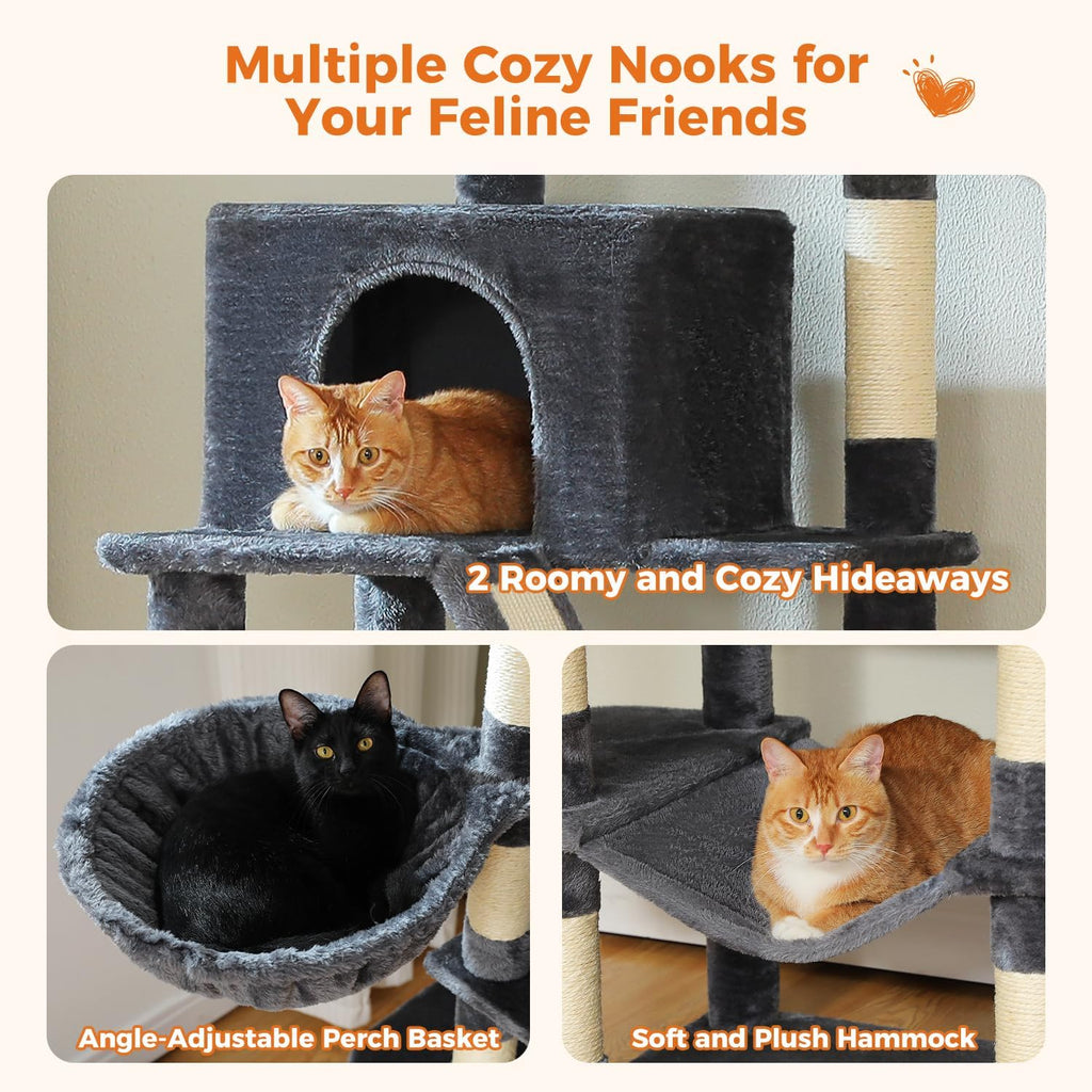 MUTTROS 70.8" Tall Cat Tree for Large Cats, Multi-Level Cat Tower with 8 Sisal Scratching Posts, 2 Top Perches, Big Condo, Large Hammock, and Cat Furniture for Indoor Cats, Dark Gray