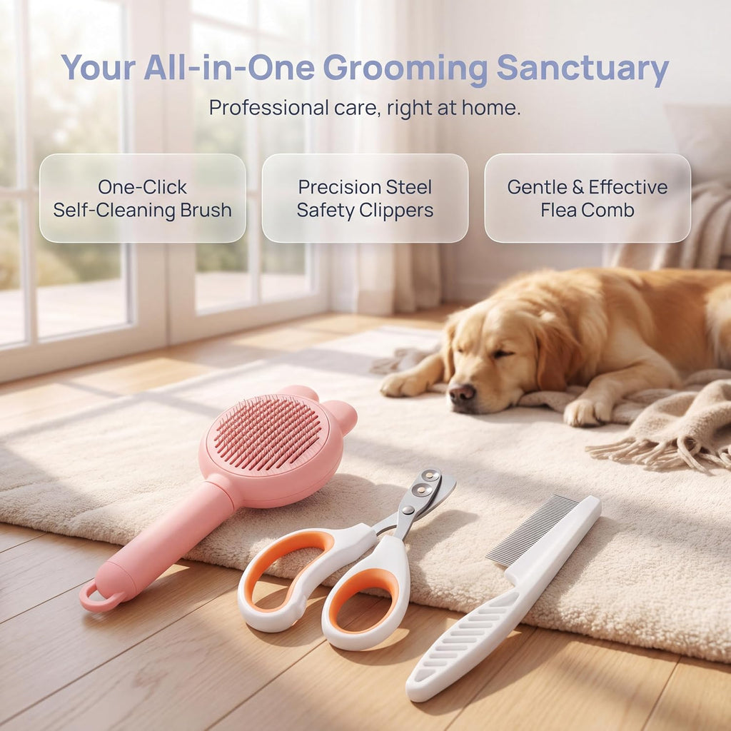 3PCS Cat & Dog Grooming Kit,Bath Brush,Nail Clipper,Flea Comb(Blue)