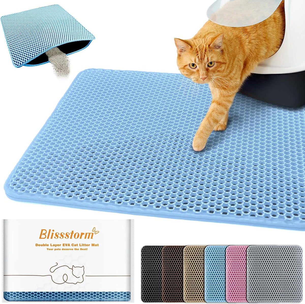Cat Litter Mat 27"x46",Double Layer EVA litterbox Mat, Blue