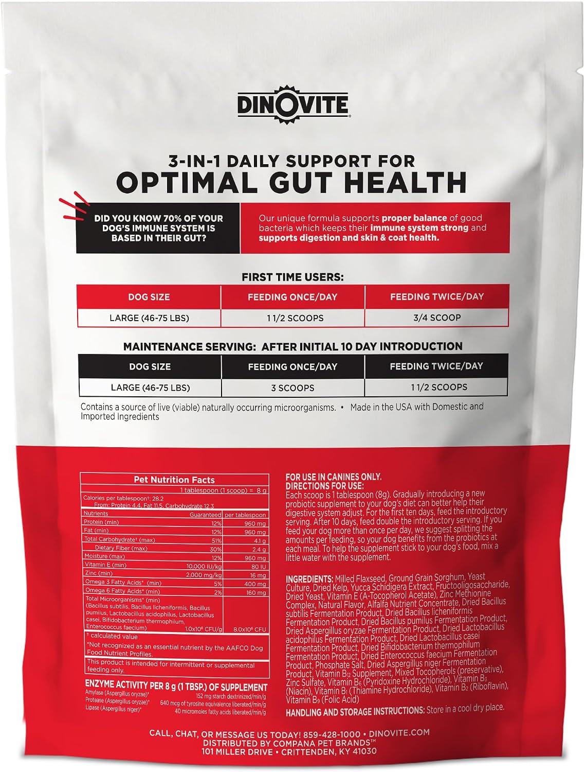 Dinovite Probiotics for Large Dogs, Probiotic Food Topper, 30 Servings
