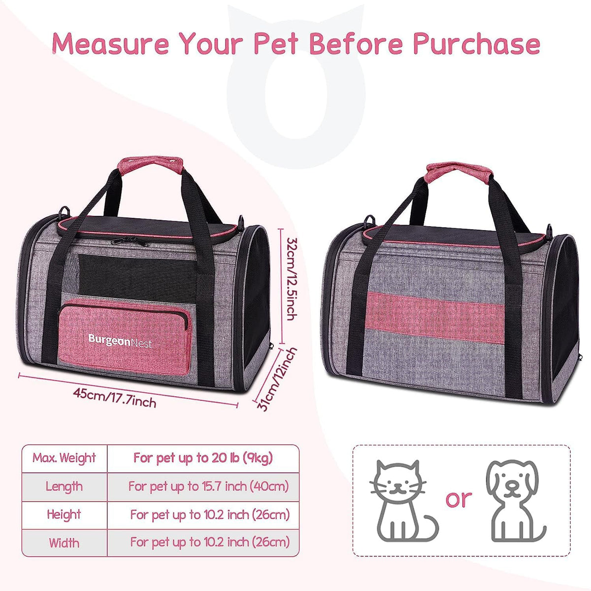 BurgeonNest Soft Cat Carrier for Cats up to 20 Lbs, Top Load Pet Carry Bag