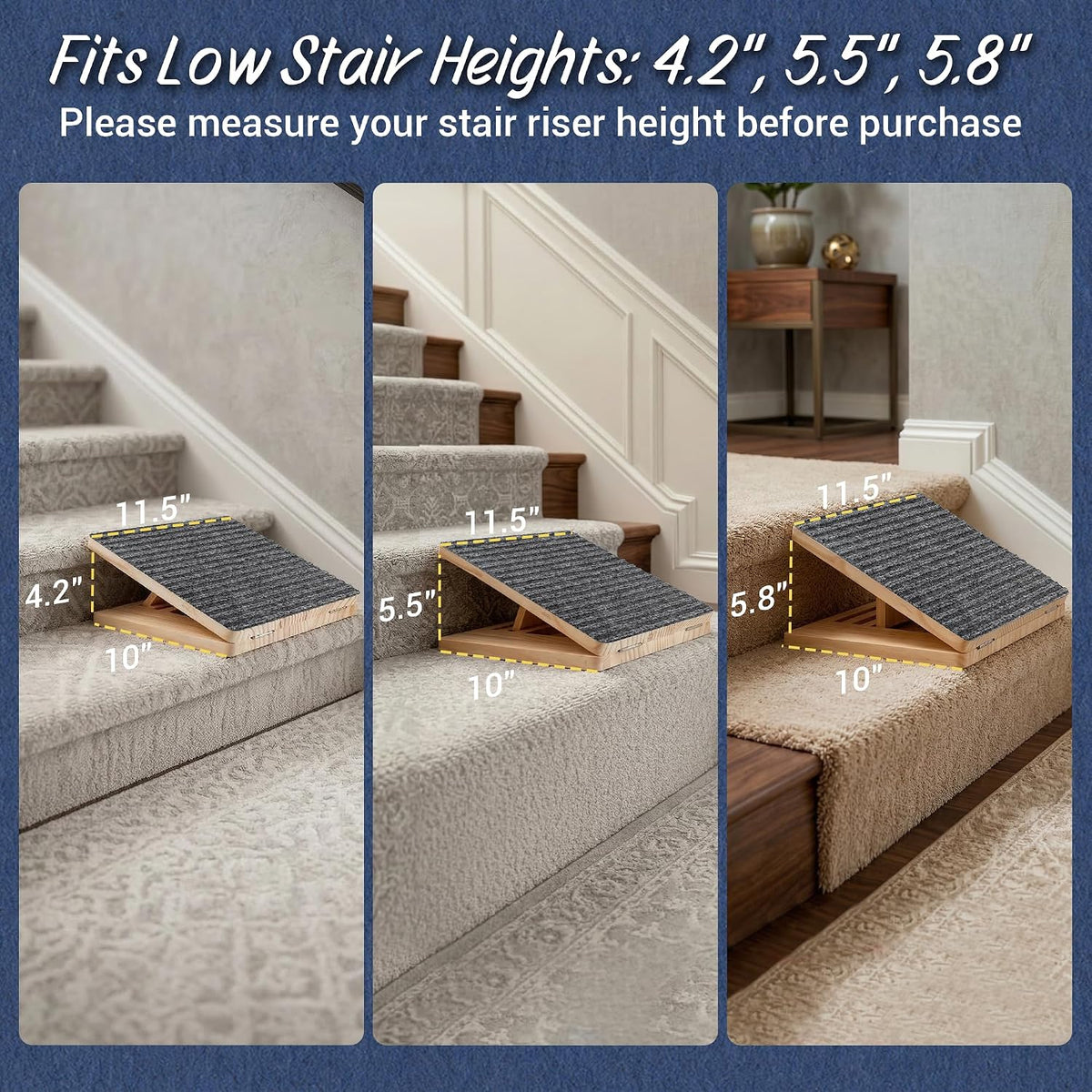 Dog Ramp for Stairs 3 Pack - Adjustable Wooden Stair Wedges for Small Dogs, Foldable Indoor Dog Stair Ramp with Triangular Support and Non-Slip Pads for Senior and Short-Legged Pets