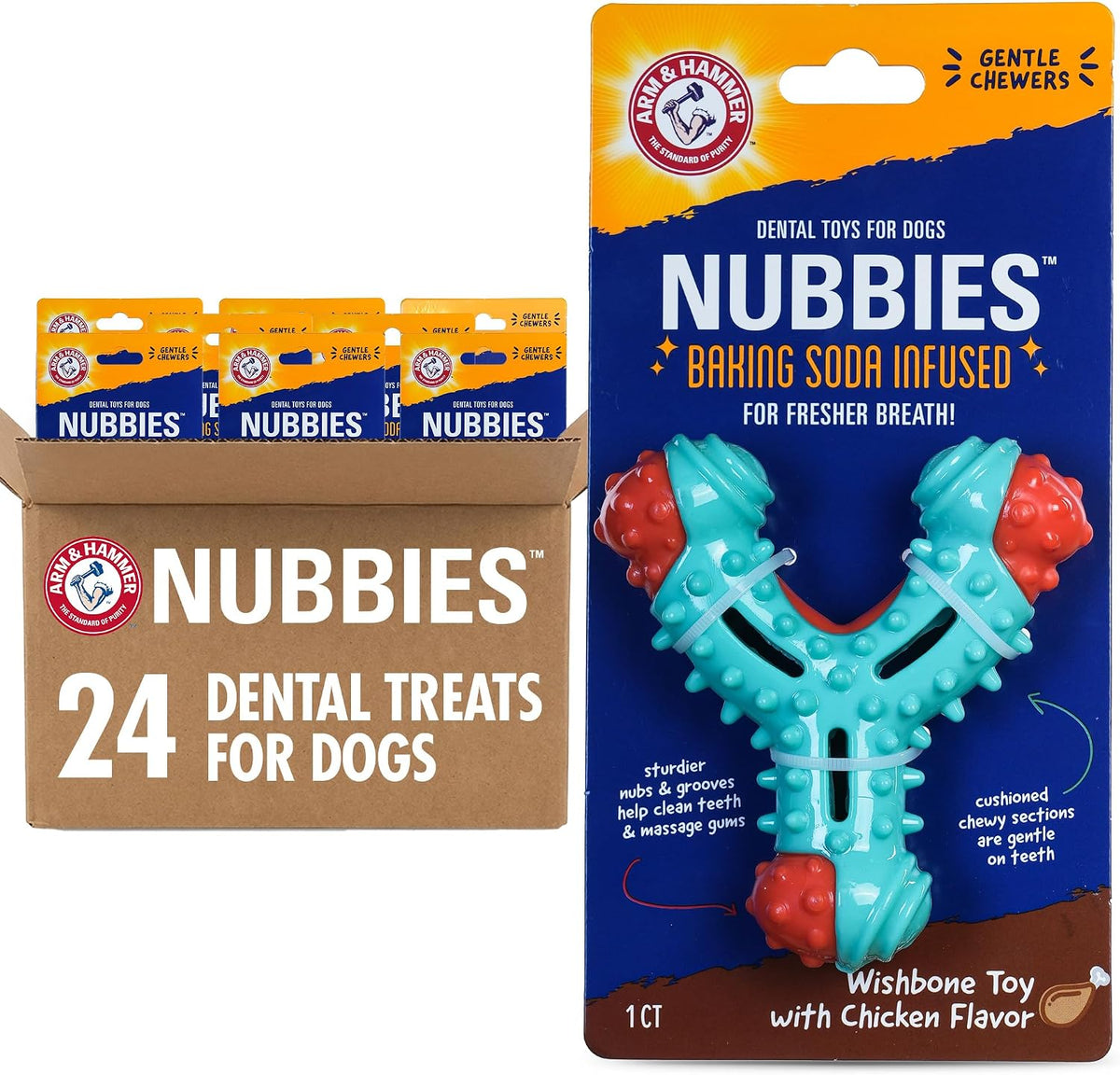 Arm & Hammer Nubbies Wishbone Dental Dog Chew Toy, Chicken Flavor, 24-Pk | Nylon and TPR construction, baking soda infused, reduces plaque and tartar buildup, ideal for moderate chewers