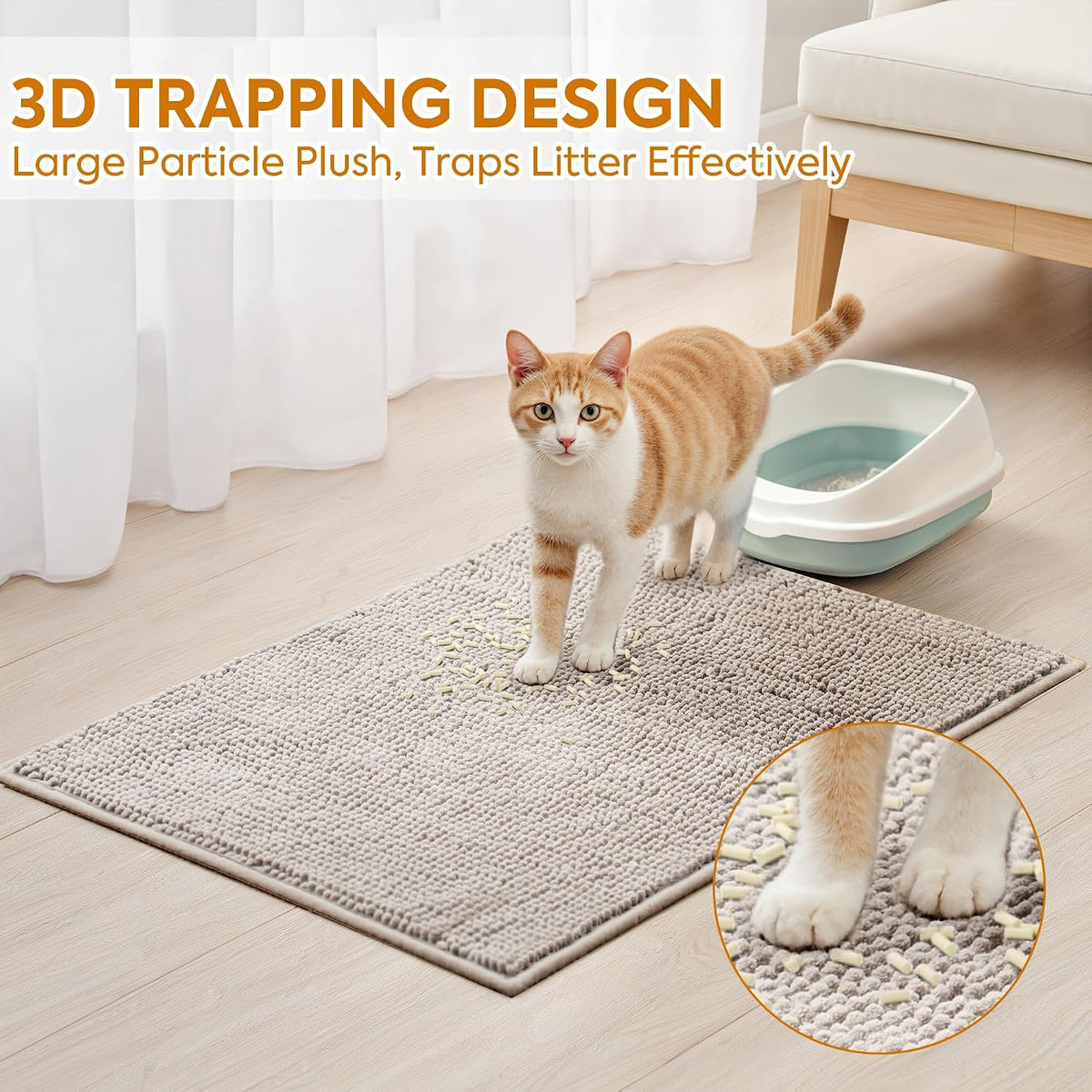 Pieviev Soft Chenille Cat Litter Box Mat, Ultra Absorbent, 48'' x 36'' | Long Plush Chenille Traps Cat Deeply, Waterproof Tpr Anti-Slip Backing, Absorbs Moisture, Machine Washable Cat Mat