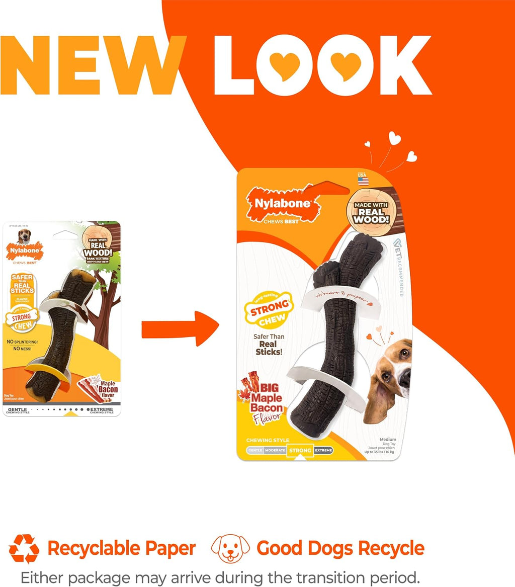 Nylabone Strong Chew Stick Made with Real Wood Dog Chew Toy, Medium | Bacon flavor, medium breeds, no splintering, durable chew toys, long lasting, helps clean teeth, medium breeds up to 35 lbs