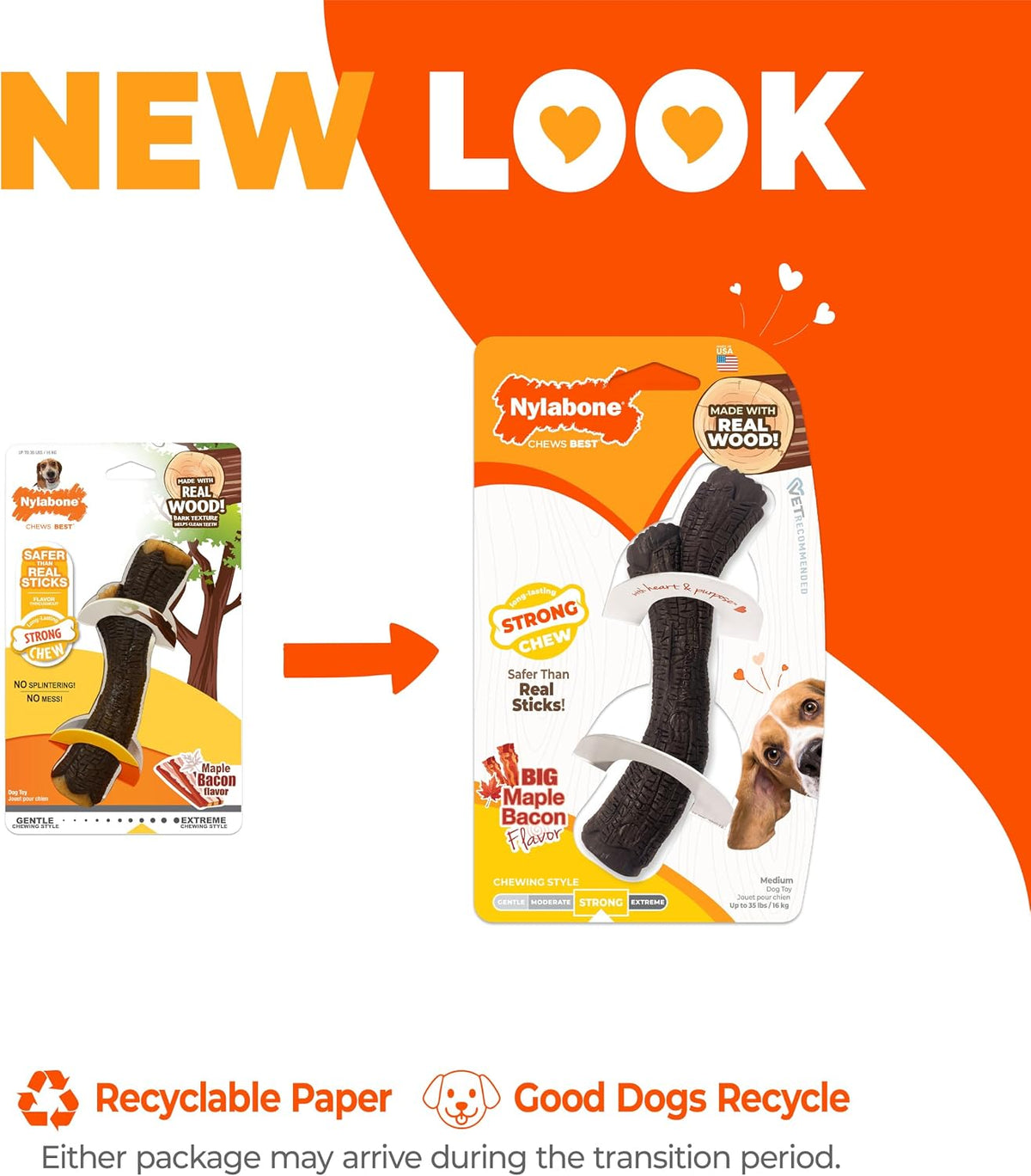 Nylabone Strong Chew Stick Made with Real Wood Dog Chew Toy, Medium | Bacon flavor, medium breeds, no splintering, durable chew toys, long lasting, helps clean teeth, medium breeds up to 35 lbs