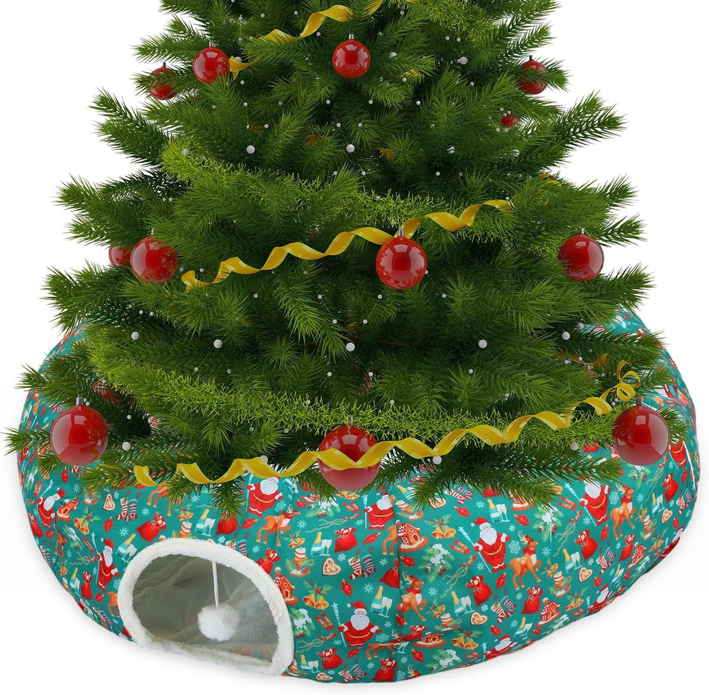 Christmas Cat Tunnel Bed Under Tree Plush Cave Toy, Santa