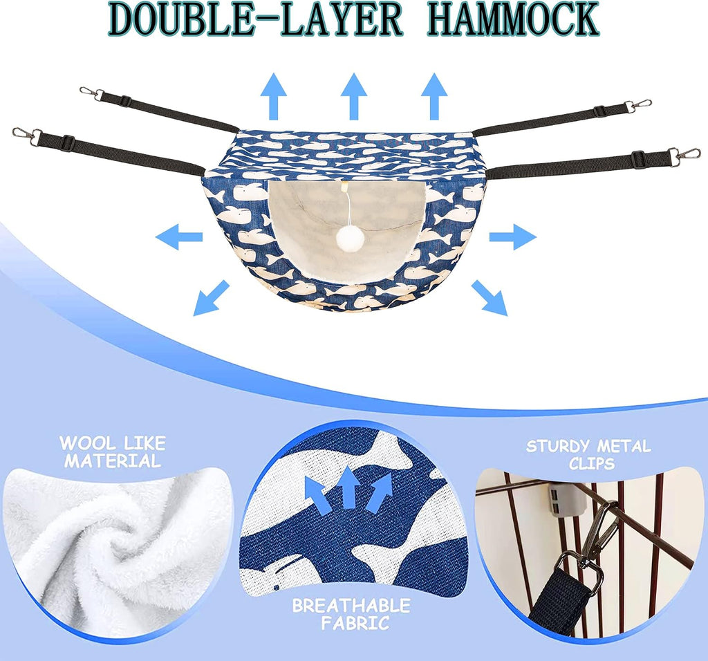 JSPYFITS Cat Cage Hammock with Ball,Double Layer Hanging Adjustable Soft Pet Bed Suit for Kitten Ferret Puppy Rabbit or Small Pet, 2 Level Indoor Bed for All Season(Blue Whale)