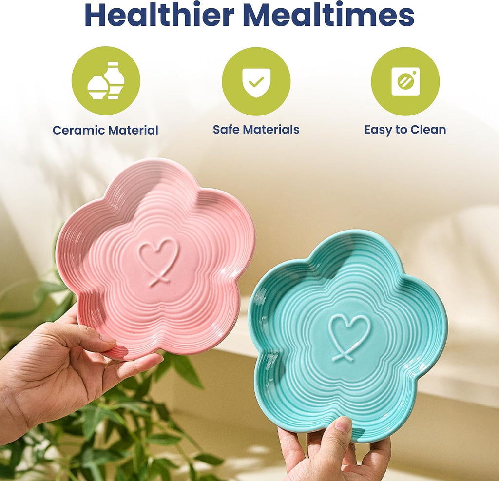 PawsPik Flower Ceramic Feeding Cat Plate with Raised Bamboo Stand, Blue