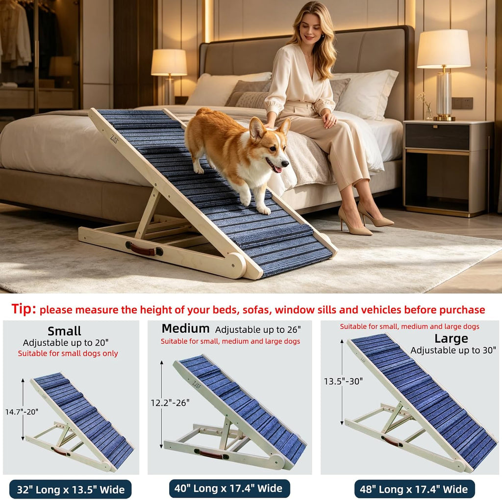 ZJSF Foldable Dog Ramp for High Bed, Wooden Dog Stairs to Bed for Small and Large Dogs, High Traction Platform with 6 Adjustable Heights (13.5"-30"), 48" L, Supports up to 220 lbs