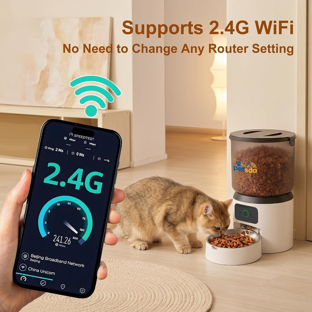 Automatic Cat Feeders 4L Timed Dry Food Dispenser WiFi 10 Meals Programmable 1-12 Portion Per Day with APP Control Dual Power Supply with Stainless Bowl for Multi-Pet Easy Clean