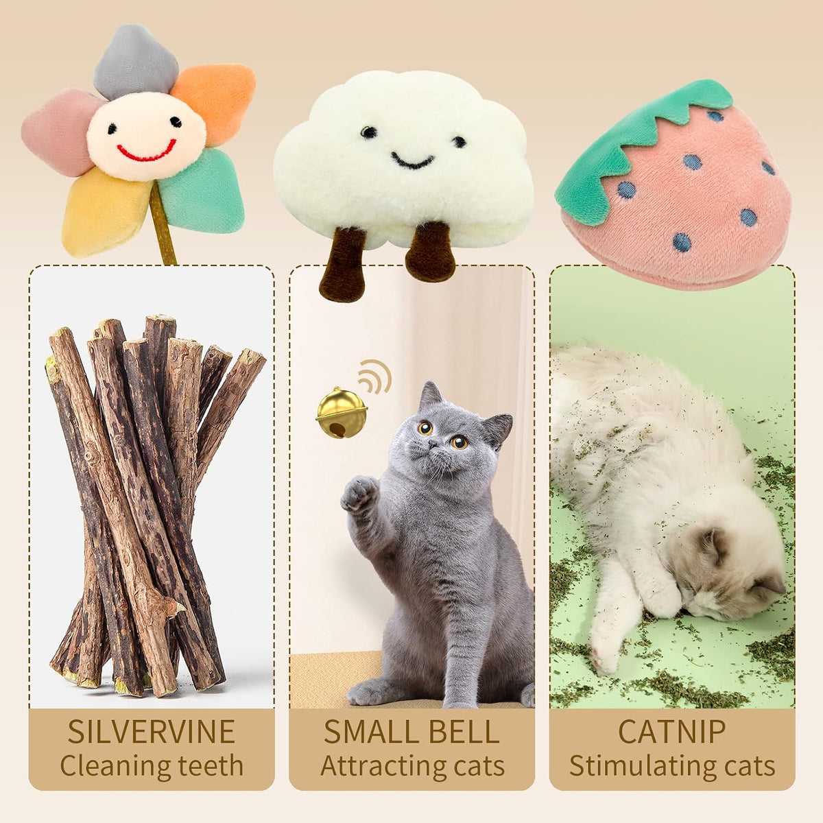 Kitten Chew Toys for Teething with Catnip – 3Pcs Bite Resistant Plush Cat Toys (Strawberry, Cloud Bell, Sunflower Stick)