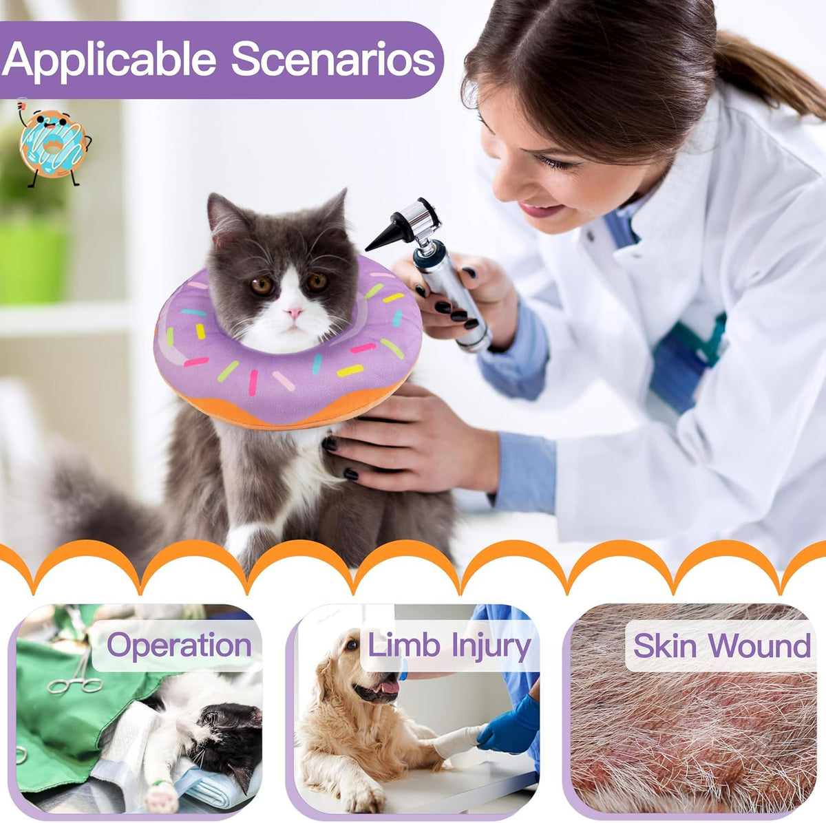 Cat Cone Collar Soft, Cute Cat Donut Collar After Surgery, Adjustable Kitten Recovery Cones to Stop Licking, Lightweight Neck Elizabethan Collars for Cats Kittens (Purple, Medium)