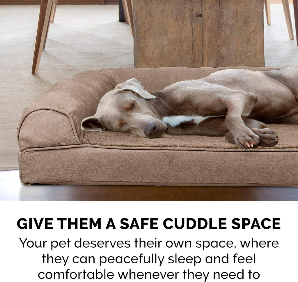 Furhaven Cooling Gel Dog Bed for Medium/Small Dogs w/ Removable Bolsters & Washable Cover, For Dogs Up to 35 lbs - Plush & Suede Sofa - Almondine, Medium