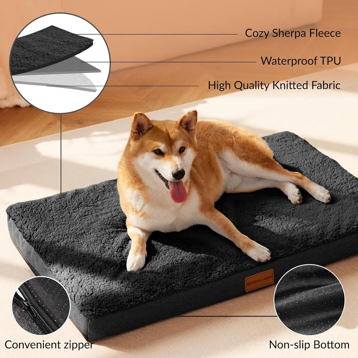 Patas Lague Orthopedic Large Dog Bed Washable Pet Sofa Mat 42''X28'' Black