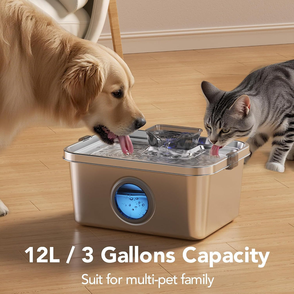 PETIMI Dog Water Fountain, 3 Gallons Stainless Steel Dog & Cat Water Fountain, Large Pet Water Fountain for Multiple Pets, Ultra Silent, Wide Mouth, Safety Lock, Smart Water Pump