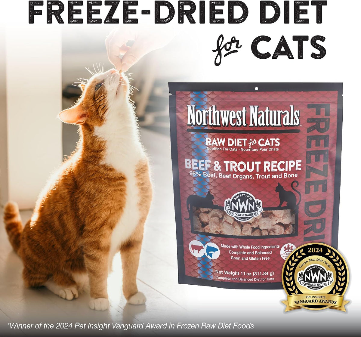 Northwest Naturals Freeze-Dried Beef & Trout Cat & Kitten Food – Bite-Sized Nibbles – Healthy, Limited, Human-Grade Ingredients, All-Natural, High-Protein Diet – Complete & Balanced, 11 oz (Pack of 3)