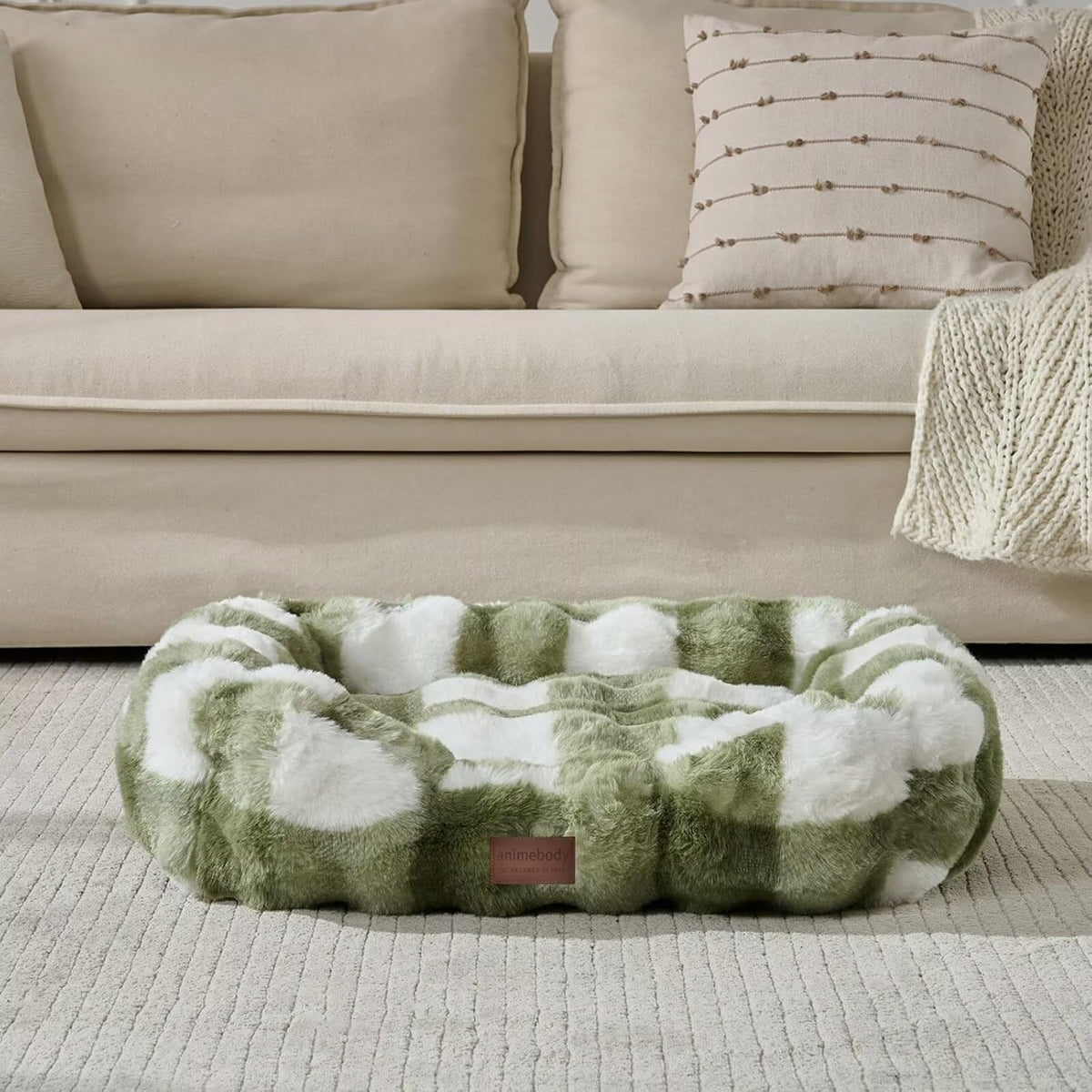 Washable Orthopedic Dog Bed,Rectangle Fleece & Luxury Pet Bed with Removable Zipper Cover & Anti-Slip Bottom,Suitable for Medium Large Dogs,40x30x7.5inches,Sage Green Grid Print