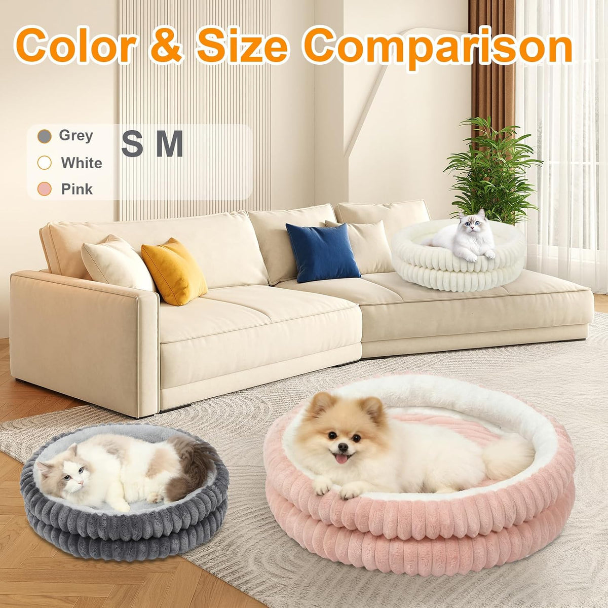 Cat Beds for Indoor Cats,Washable Round Donut Dog Bed(White, S)