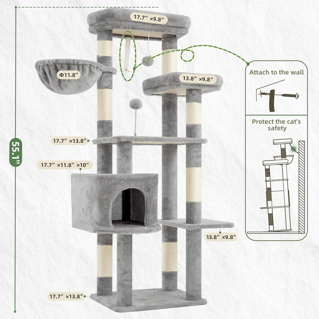 Gitelsnour 55.1'' Cat Tree Tower for Indoor Cats, Large Platform, GCT013W